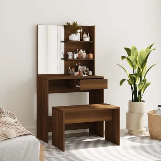 Brown Oak Wooden Dressing Table with Stool